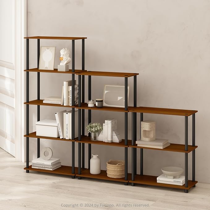 Furinno Turn-N-Tube Toolless 4-Tier Storage Shelves, Light Cherry | Wide Open Frame Book Shelf, Corner Shelf, for Organization, Living Room, Garage, Home Office