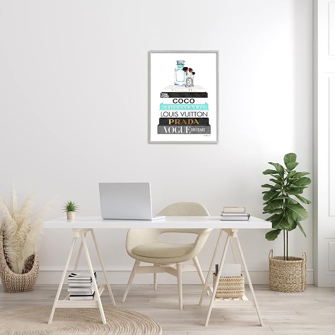 Stupell Industries 'Bookstack with Beauty Brushes', Framed Giclee Art, Gray, 24 x 30 Inches, Easy to Hang and Sturdy, Made in USA, by Amanda Greenwood | Stupell Industries | Gray, 24 x 30 Inches, Easy to Hang and Sturdy, Made in USA, by Amanda Greenwood