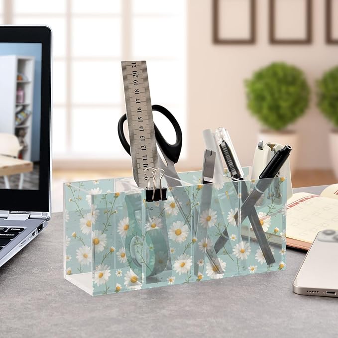White Daisy Acrylic Pencil Pen Holder Desk Accessories Holder, Cosmetic Brush Organizer Modern Design Desktop Stationery Organizer for Office School and Home 7.87 x 2.48 x 3.54 In