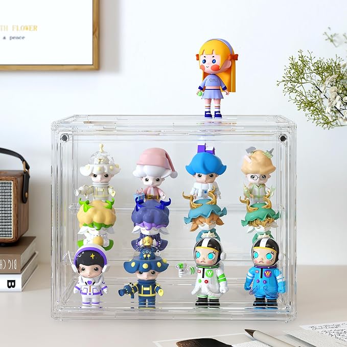 Acrylic Display Case 2 Pack, 3 Tiers Clear Figure Display Cases for Collectibles Stackable Storage Box with Magnetic Door Dustproof Showcase
