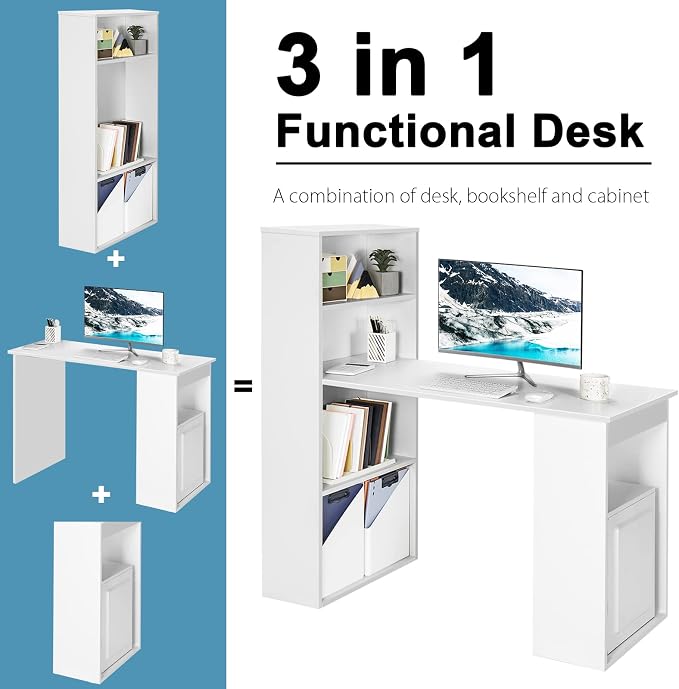 AUGESTER Computer Desk with Bookcase, Desk Bookshelf Cabinet 3 in 1 Functional Table, Compact Computer Workstation with Storage Shelf and CPU Holder, Suitable for Home & Office (White)