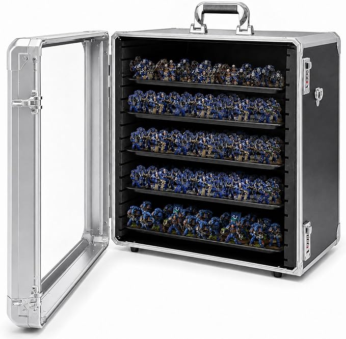 Miniature Carrying Case for Wargame Figures, Mini Display Case, Large | Aluminum Alloy, 5 Metal Trays, Combination Lock, Shoulder Strap, Storage Case for Collectibles, Tabletop Figure