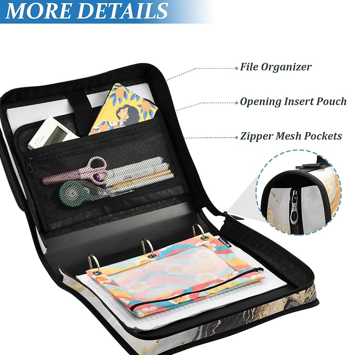 ALAZA Zipper Binder 3 Ring Black and White Gold Marble Binder Organizer with Zipper and Shoulder Strap Large Capacity Multi-Pocket Trapper Keeper File Folder for Office Supplies