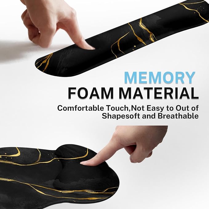 Keyboard Mouse Pad Set, 4 in 1 Desk Mat Set, Marble Black Gold | Large Mousepad+Keyboard Wrist Rest+Mouse Wrist Rest+Coaster Ergonomic Design for Home Office Computer