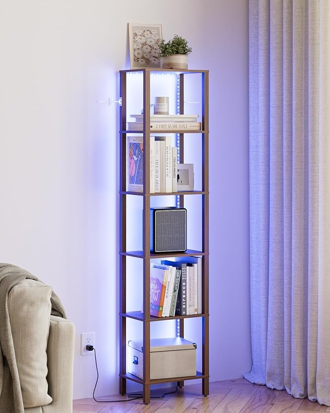 Open Book Shelf with LED Lights, 6 Tier Tall Bookshelf, Freestanding Shelf Narrow Bookcase with Open Shelves, 14.57" x 10.63" x 65.83", Book Shelves for Living Room, Office, Study, Walnut