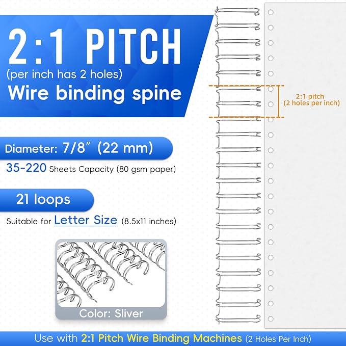 RAYSON 2:1 Wire Binding Spines 21 Loop, 7/8 Inch Silver, 220 Sheet, 50 Pack | 2:1 Pitch Binding Wire | Double Loop Wire Design | Binds Up to 220 Sheets | Letter Size Compatible | Smooth Page Turning