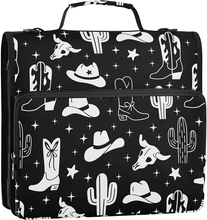 Western Cowboy Black Print Zipper Binder Bag 3 Ring with Shoulder Strap & Handle Multi Pocket Binder Organizer Bag Large Capacity for School Office Supplies