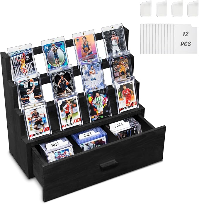 Emfogo Trading Card Display, 3-Tier Card Display Case with Custom Drawer, Wood Graded Card Display with Supporters and Dividers, Sports Card Display Case for Collection (Black)