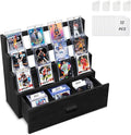 Emfogo Trading Card Display, 3-Tier Card Display Case with Custom Drawer, Wood Graded Card Display with Supporters and Dividers, Sports Card Display Case for Collection (Black)