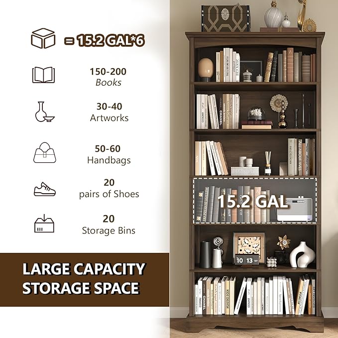 TVU 6-Tier Wooden Bookshelf, 76 Inch Tall Bookshelf with Storage, Floor Standing Modern Style Display Bookcase for Living Room, Office, Study Room, Entryway, Brown