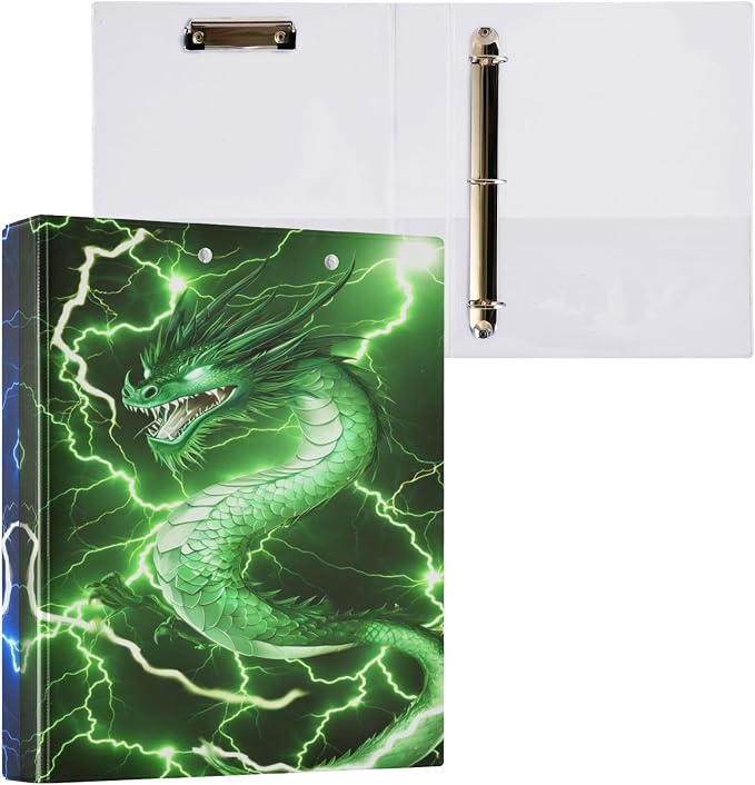 Fire Dragon Round Ring Binders 1.5 Inch Dinosaur Red Green 3 Ring Clipboard Binder for Office School Work Supplies File Folder 200 Sheet Capacity