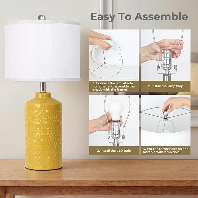 JUNNAI 25" Modern Bedside Ceramic Table Lamps for Living Room Mustard Yellow Nightstand 3-Way Dimmable Lamp Farmhouse Lamp for Bedroom Entryway Tabletop(Bulb Included)