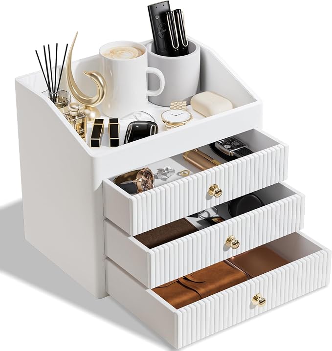 LADSTAG Office Accessories,Begie White Vegan Leather Office Supplies with 3 Drawers & Tray for Desk,Perfume Organizer with Gold-Tone Metal Accents Knob for End Tables,Bedside Table,Bedroom
