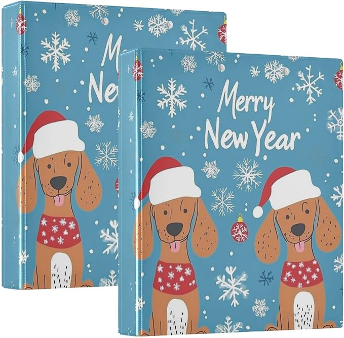 Merry New Year Quoted Cute Brown Dog3 Ring Binder 1.5" Decorative D-Ring Binder with Clipboard&3 Clear Pockets, Holds 200 Sheets A4 Size Paper Waterproof Binders for School Home Office