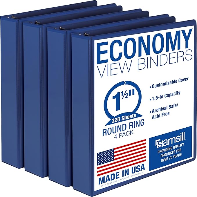 Samsill 1.5 Inch 3 Ring Binders, Economy Round Ring, Clear View Cover, 325 Sheet Capacity - for School, Home, Office - Blue, 4 Pack