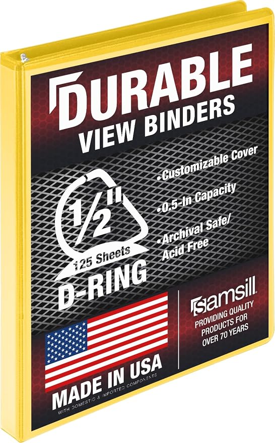 Samsill Durable 0.5 inch 3 Ring Binder, D Ring Binder, 100% Recycled Chipboard, Yellow