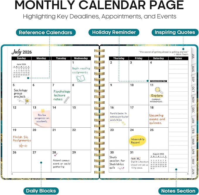 Taja Planner 2026-2027, Jul 2026-Jun 2027 Monthly & Weekly Calendar Planner | 6.3" x 8.5", Hardcover Academic Calendar, Teacher Student Agenda Book with Tabs, School Office Supplies, Golden Currents