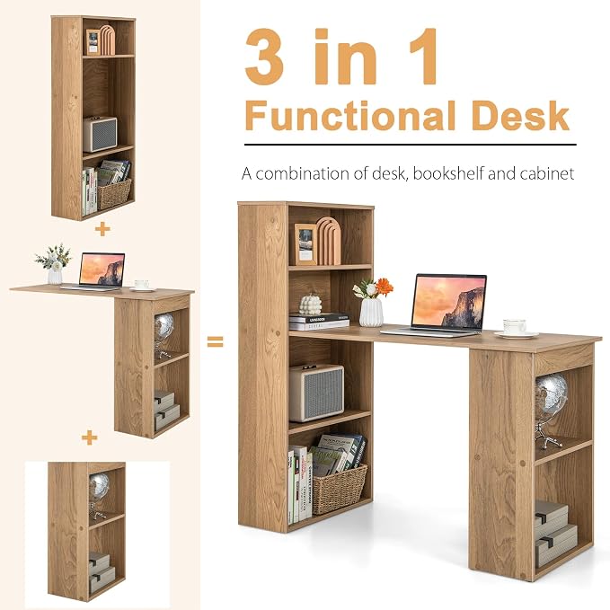 Tangkula Computer Desk with Bookshelf, Writing Study Desk with Storage Shelves & CPU Stand, Modern Compact Computer Workstation for Home & Office, Space-Saving Design(Natural) | Natural Wood Desk w/Storage Shelves & CPU Stand, Space-Saving Design Writi...
