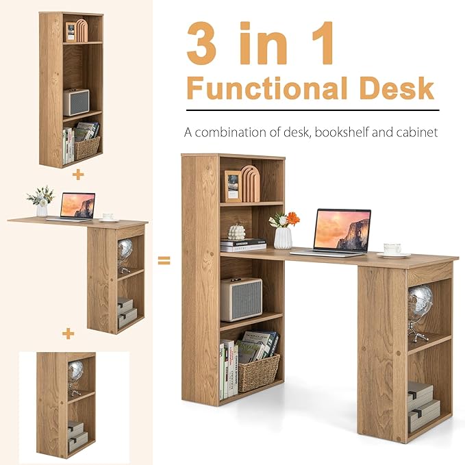 GRAFFY Computer Desk with 6 Storage Shelves - 48" Reversible Writing Desk Workstation with Bookshelf and CPU Stand, Modern Compact Office Desk for Bedroom, Study, Home, Office (Natural) | Reversible Writing Desk with 6 Storage Shelves, Modern Compact O...