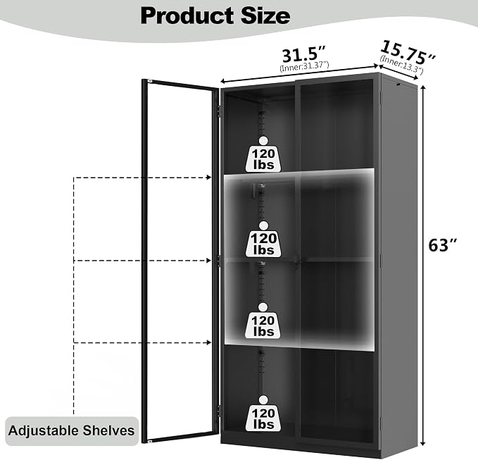 Kelueo 63" H Display Cabinet with Glass Doors,Tall Display Cabinet with LED Lights,Display Case for Collectibles,Glass Display Cabinets with 3 Adjustable Shelves for Living Room,Bedroom,Office