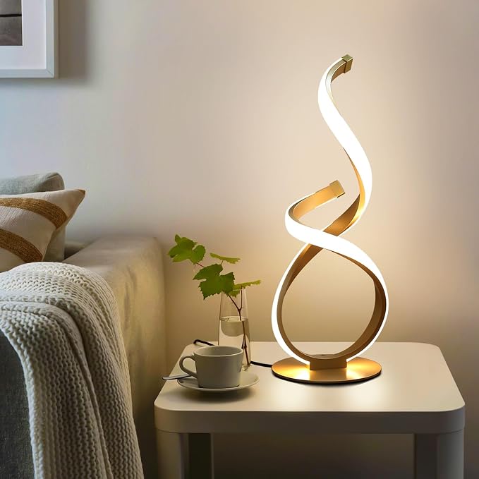 Unique Bedside Table Lamp, LED Touch Dimmable Spiral Desk Light | 3 Color Temperature Modern Nightstand Light, Side Light for Living Room, Bedroom, Gold