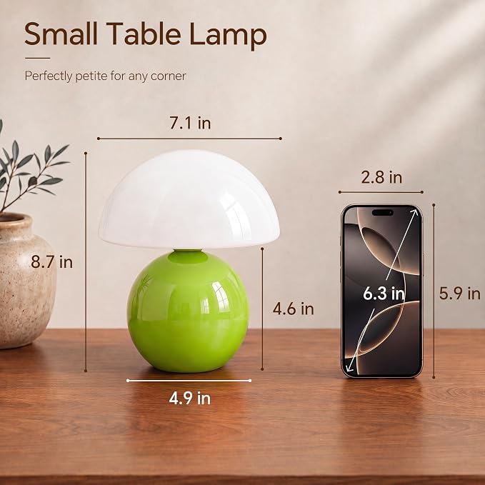 Mushroom Lamp Table Lamp for Bedroom-Small Desk Table Lamps,Green | 8.7" Mid Century Modern Table Lamps for Living Room Bedroom Decor,Cute Ceramic Lamps for Mushroom Home Room Decor,Glass Shade
