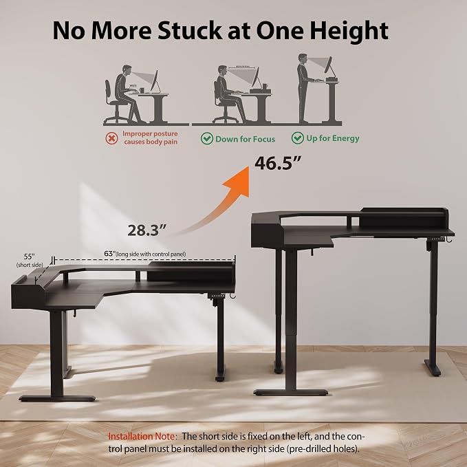 Agilestic 63 Inch L Shaped Electric Standing Desk with Shelf, Black | Dual Monitor Setup, Corner Desk, Ample Workspace, Memory Presets, Hooks, Stable Steel Frame,264 lbs Capacity, Splice Board