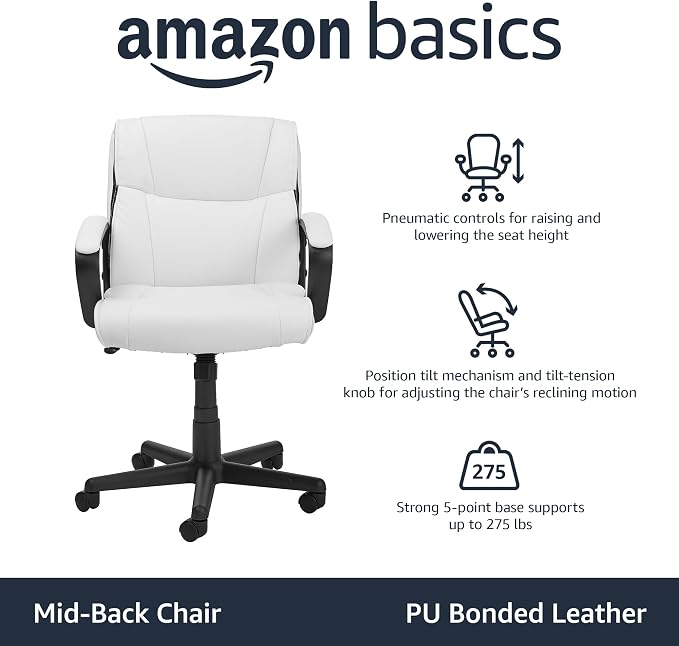 Amazon Basics Office Task Chair with Adjustable Height, 360° Swivel, Padded Armrests, Mid-Back, 275 Pound Capacity, BIFMA Certified, 24.2"D x 24"W x 38.6"H, White Faux Leather