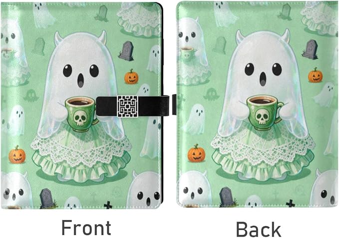 Halloween Ghost Tea Party A5 Binder 6 Ring Refillable PU Leather Notebook Journal with Magnetic Buckle Closure Loose Leaf Travel Office Planner Budget Binder Notepad Portfolio, Cute