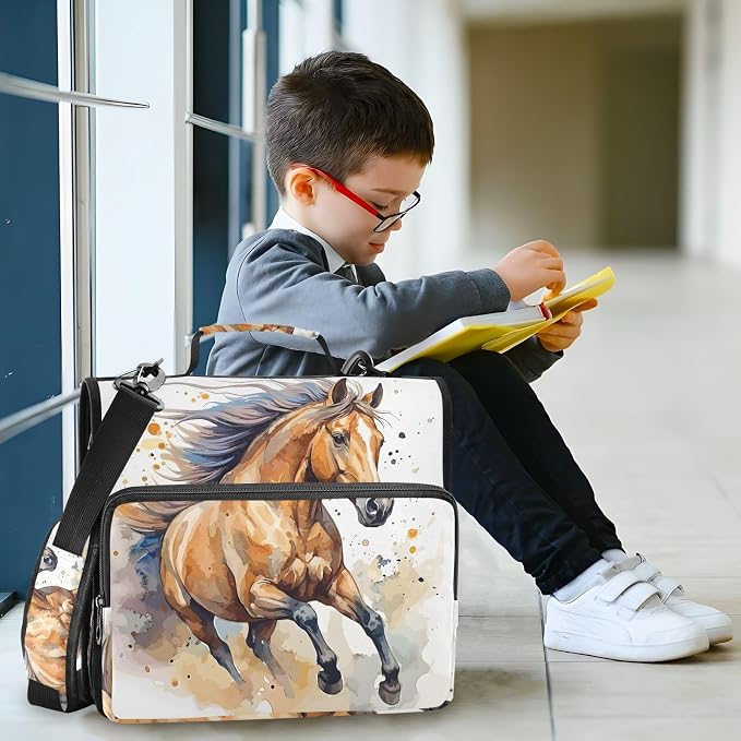 3 Ring Zipper Binder with Shoulder Strap Horse Watercolor 2 Inch Zippered Binder Bag 500 Sheet Capacity Multi Pockets for School Supplies