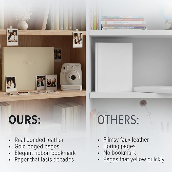 Gallery Leather Guest Book - Great for Wedding, Reception, Baby and Bridal Shower, Birthday Party and Vacation Home - 192 Lined Pages to Sign in, add Polaroid Photo - Hardcover 9x7" - Acadia Tan