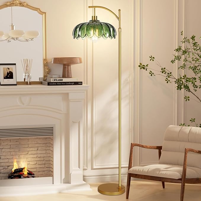 Gold Floor Lamps for Living Room,Glass Floor Lamp with Remote Control & Green Lampshade,Arc Flower Lamp Dimmable Mid Century Modern Standing Lamp Vintage Brass Tall Floor Lamp For Bedroom Corner