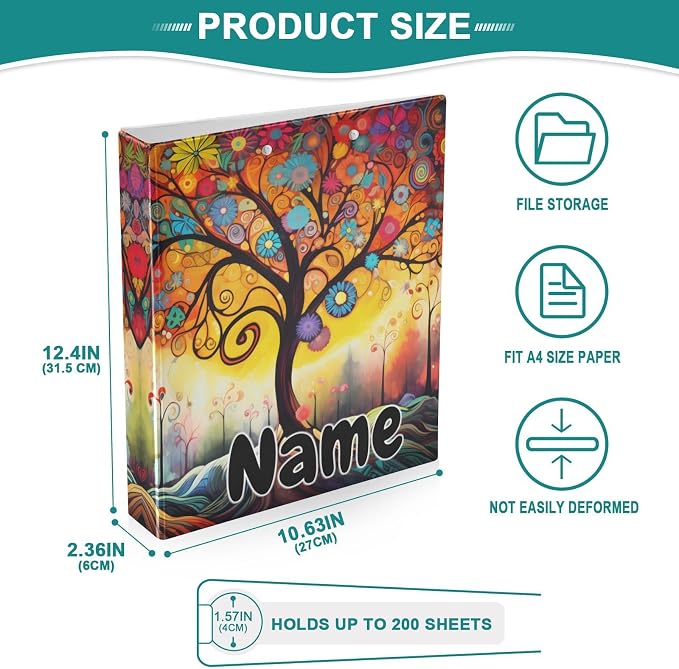 Custom 3 Ring Binder Abstract Tree 1.5" Round Ring Binders Personalized Name View Binder with 200 Sheet for Kids School Supplies Women Men Office, 1 Pack