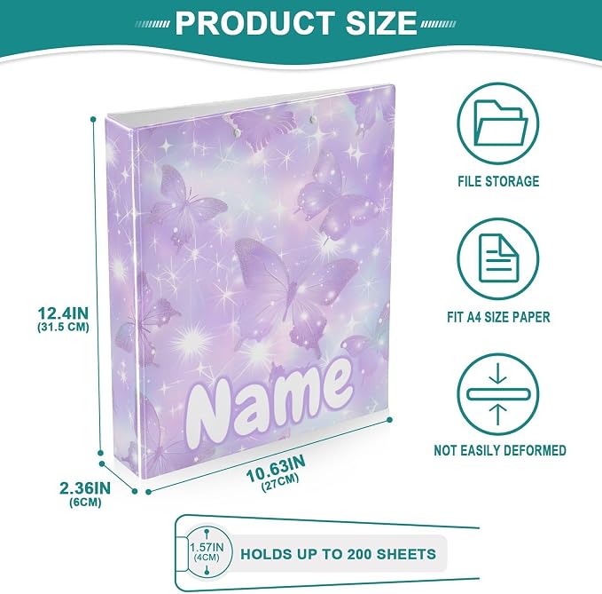 Custom 3 Ring Binder Stars and Butterflies 1.5" Round Ring Binders Personalized Name View Binder with 200 Sheet for Kids School Supplies Women Men Office, 1 Pack