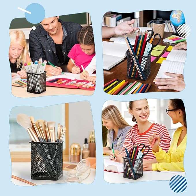16 Pack Square Black Pen Holder, Metal Mesh Pencil Cups Bulk Pencil Holder Organizer Mesh Pen Holder for Desk Office Supplies School Classroom Desktop Accessories Makeup Brush