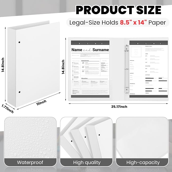 Henoyso 4 Pcs Legal Size Binder 3 Ring 1.5" Durable White Binders for 8.5" x 14" Paper Hold up to 175 Sheets for Documents Artwork, Office, Home, Work Places