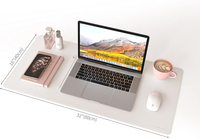 RENMTURE Dual-Sided Mouse Pad, Natural Cork & PU Leather Large Desk Pad for Office and Home Work, Desk Protector Non-Slip, Waterproof, Easy Clean (White, 32"x16")