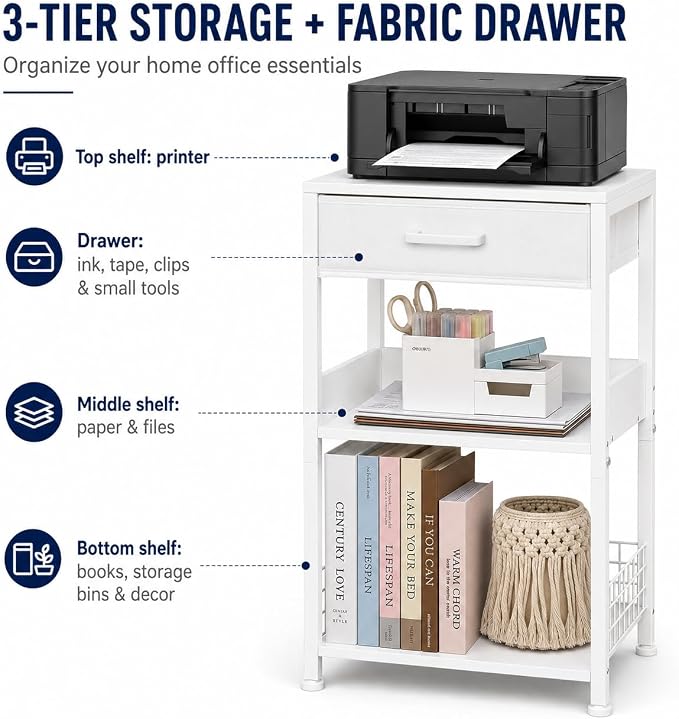 Lerliuo 3-Tier Printer Stand with Fabric Drawer and Shelves, White | Three-tier printer stand with fabric drawer and two shelves for paper, office supplies, scanners and fax machines