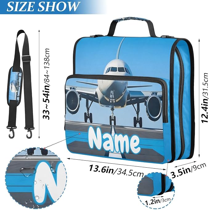Custom White Airplane Aircraft 3 Ring Binder Bag 1.5 inch Personalized Name Binder Organizer 500 Sheet Documents Storage for School Office