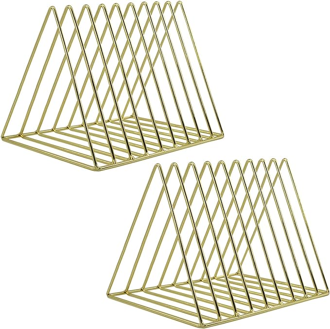 9 Slot Magazine Rack Book Record Holder, Desktop Iron Storage Rack Bookshelf Multifunction Triangle File Organizer Sorter for Decor Home Office, Golden Pack of 2