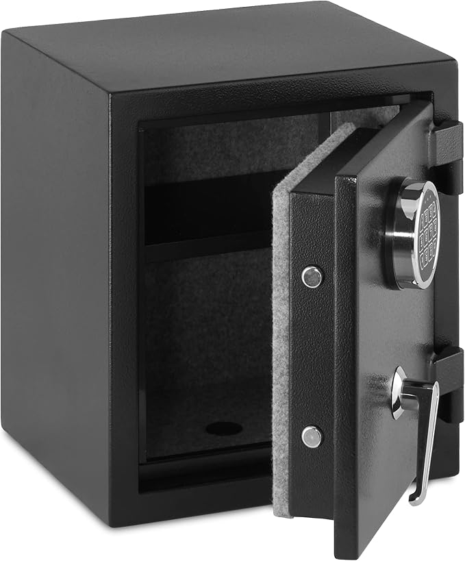 Amazon Basics Fire Resistant Security Safe with Programmable Electronic Keypad for Documents and Valuables, 0.83 Cubic Feet, 14.17"W x 12.2"D x 15.75"H, Black