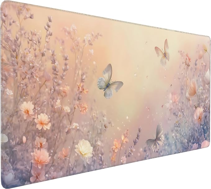 Cute Floral Aesthetic Wildflower Gaming Mouse Pad, Pink Macaron Desk Mat with Anti-Slip Base & Stitched Edges,35.4" x 15.7" in Desk Accessories for Women, Home Office Decor & Artistic Gift