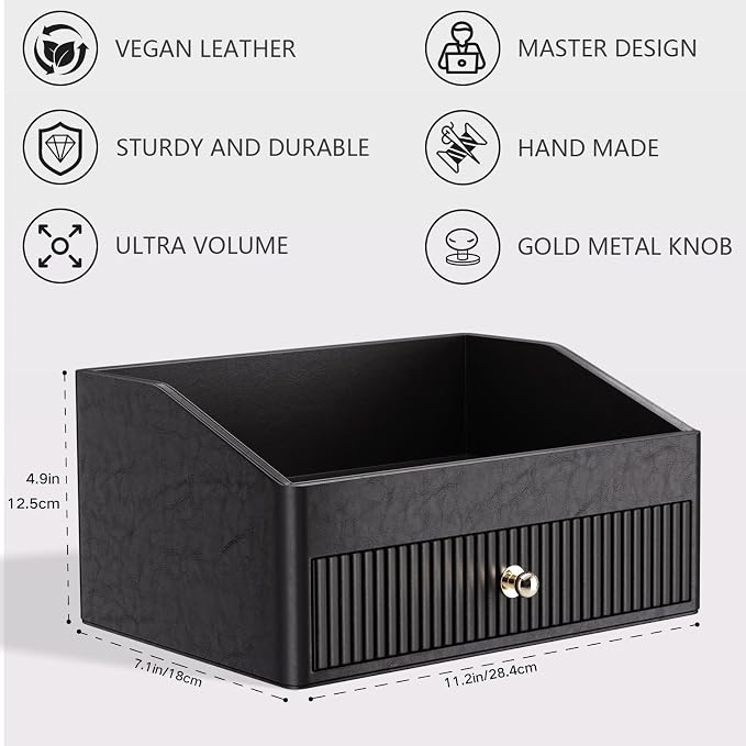 LADSTAG Desk Accessories,Black Vegan Leather Desk Organizers with 1 Draw & Tray,Remote Control Holder with Gold-Tone Metal Accents Knob for End Tables,Bedside Table,Bedroom