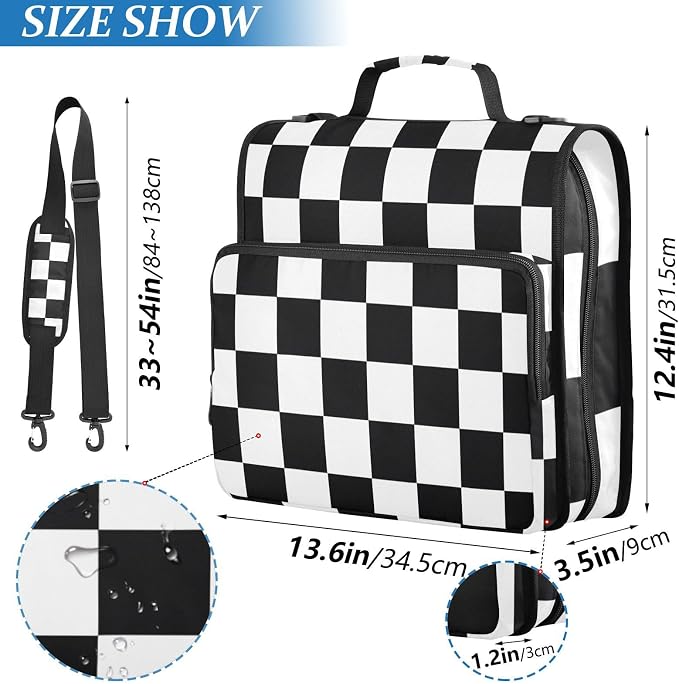 Checked Pattern Zipper Binder 3 Ring Binder with Shoulder Strap 500 Sheet Capacity Storage Organizer Trapper Keeper File Folder