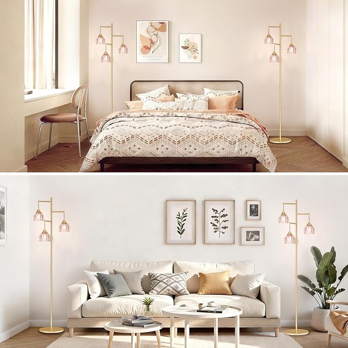 Shenmoyl Stepless Dimming Floor Lamps for Living Room, Bedroom, Gold Standing Lamp with 3pcs 6W Bulbs, Vintage Brass Floor Lamp for Corner, Nursery (Pink Tulip)