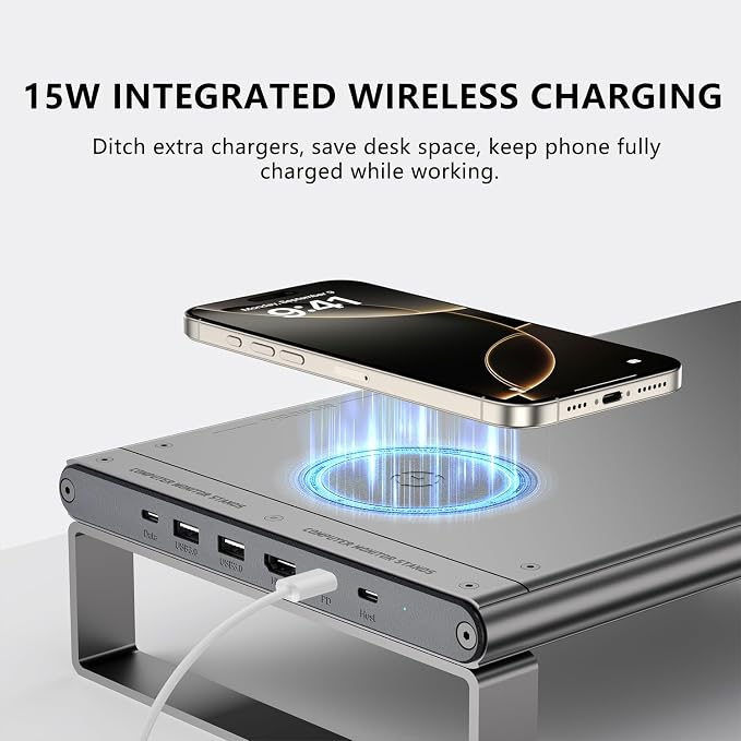 JINRAIKO Monitor Stand with Docking Station, Aluminum Monitor Riser with 6-in-1 Docking Station: 4K HDMI, USB-C, USB 3.0, PD 100W, Wireless Charging,Metal Desk Stand with Storage-Silver Gray