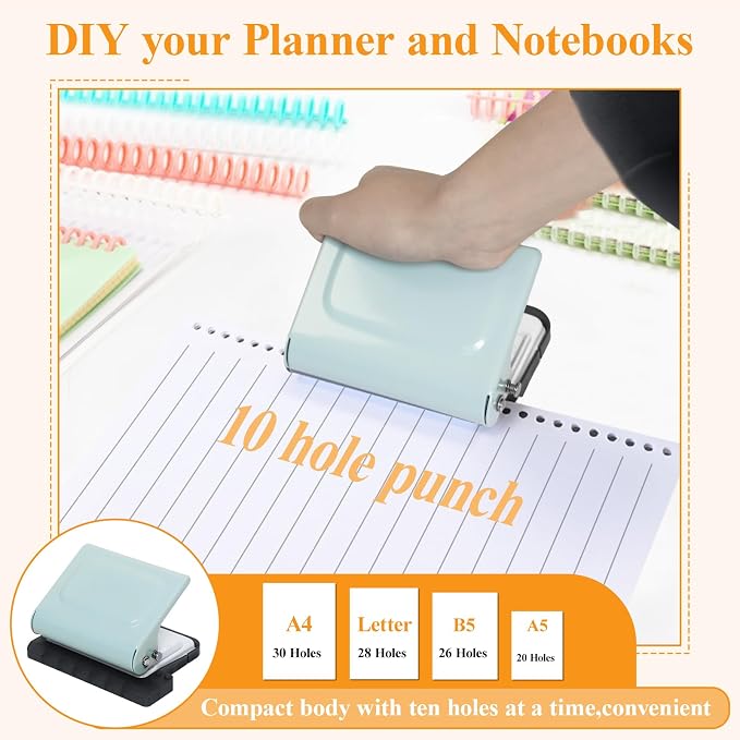 10 Hole Punch Binding Machine for Planners with 10 Multi-Color Binder Rings | 30 Holes on A4, 20 Holes on A5, 26 Holes on B5, 10 Sheet Capacity (Pale Blue)
