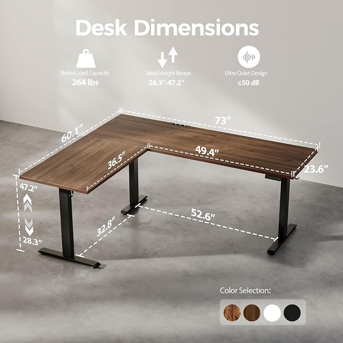 Agilestic 73 x 61 Inch L Shaped Electric Standing Desk, Dark Walnut | Tripple Motor, Corner Desk, Ample Workspace, Memory Presets, Hooks, Stable Steel Frame, 265 lbs, Splice Board