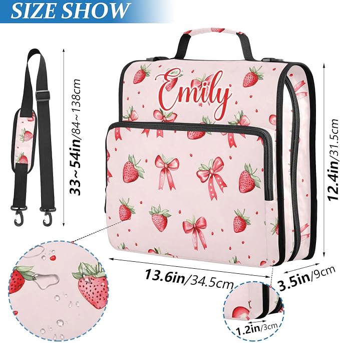 Custom Personalized Name Strawberries Bows Pattern Zipper Binder 3 Ring