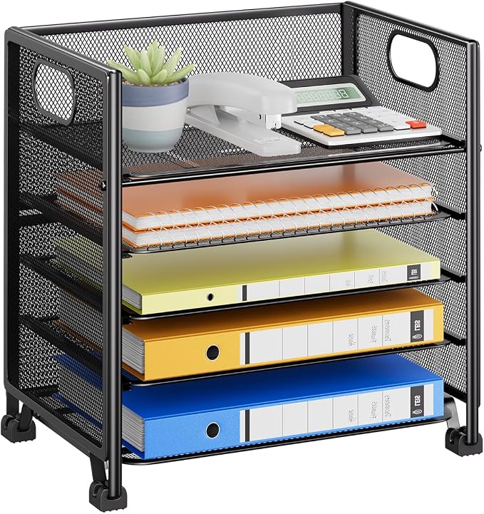 Simple Trending 5-Tier Paper Tray Organizer, File Organizer for Desk, Black | Letter Tray Holder with Handle. Sturdy Metal Frame. Non-slip Feet. Black for Office Home School. 13"L x 9"W x 13"H